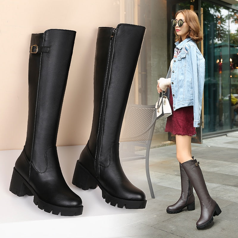 Knee High Textured Boots with Thick and Ergonomic Heels Boots N Bags