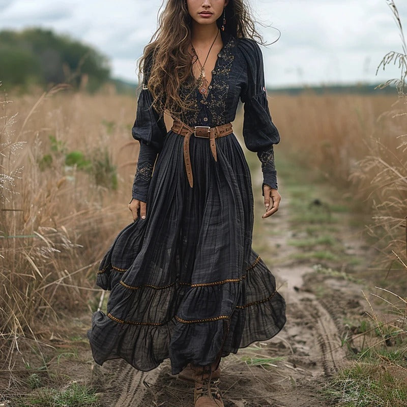 Boho Sexy Embroidered Deep V-Neck Drawstring Long Sleeve Mini Dress