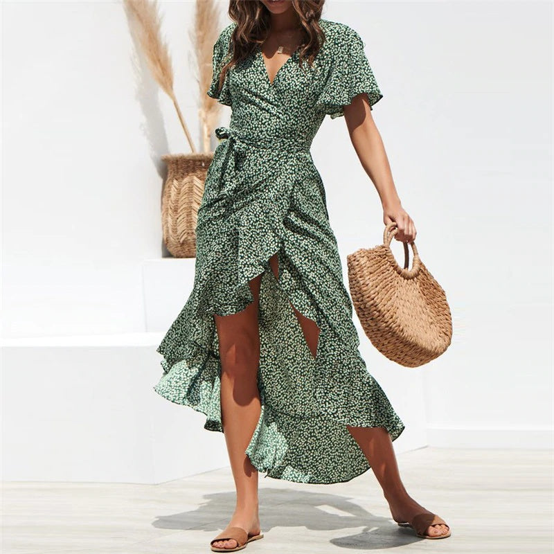 Bohemian Summer Wrap-around Wavy Maxi Dress – Boots N Bags Heaven