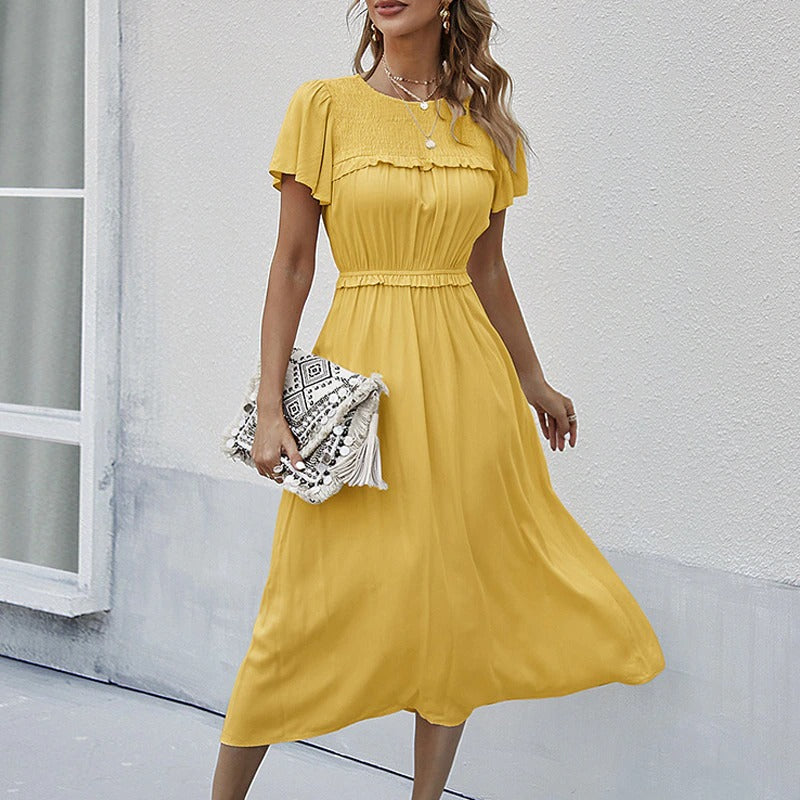 Casual Women's Elastic Waist Ruffled Mid-Calf Dresses – Boots N Bags Heaven