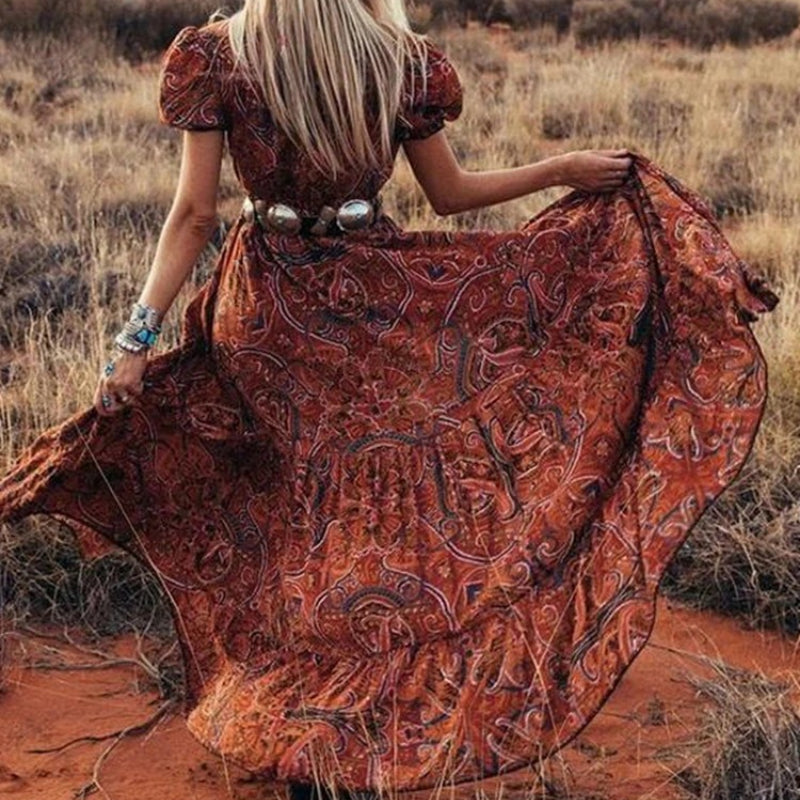 Vintage Bohemian Floral Hippie Dress with Front Slit Boots N Bags Heaven