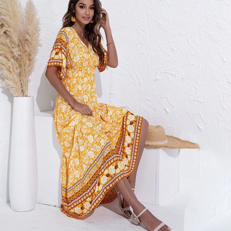 Casual Summer Bohemian Floral Print V-Neck Maxi Dresses – Boots N Bags