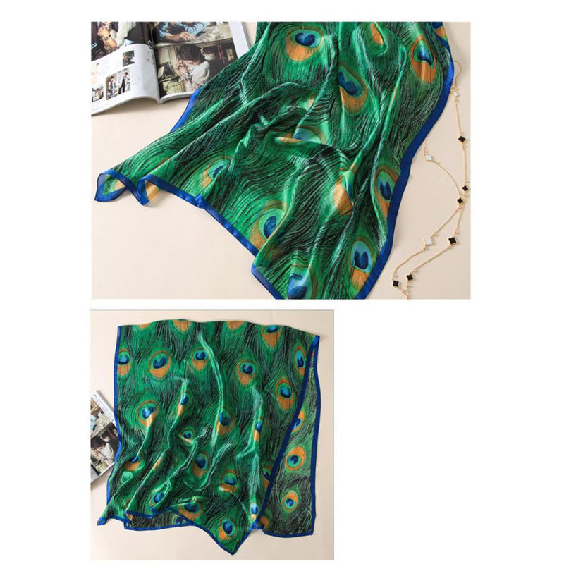 Foulard En Soie 100% Peacock Motif - Vintage, Bords Roulés Main, Léger (48g)