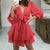 Solid Color V-neck Tie-Front Puff Long Sleeves Ruffled Hem Dress
