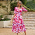 Casual Printed V-Neck Midi Dress with Puff Sleeves and Elastic Waist