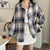 Women's Long Sleeve Collared Button Up Oversized Plaid Flannel Shirt