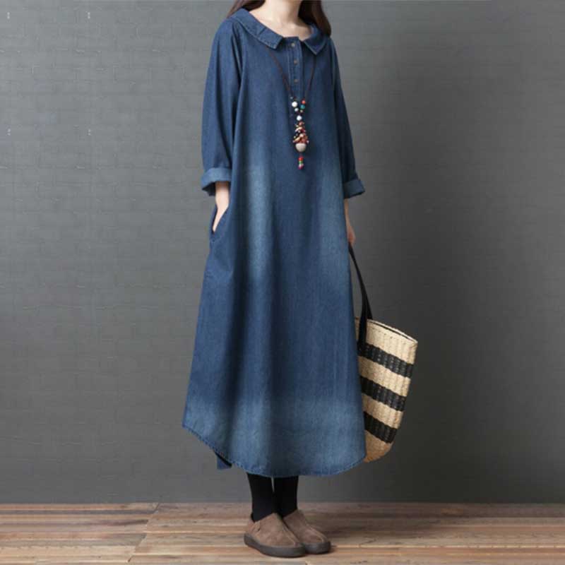 Casual Oversized Long Sleeve Ankle Length Denim Dress with Pockets ...