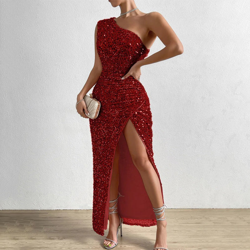 slim fit dress slacks One Shoulder Red Sequin Side Slit Long Mermaid Evening Prom Dresses, C –  MarryLover