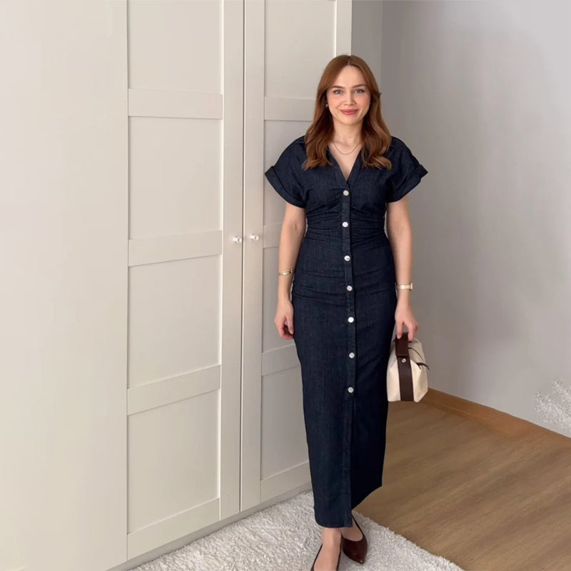 Women's Fitted Button-down Front Style Denim Midi Dress Boots N Bags Heaven Women's Fitted Button-down Front Style Denim Midi Dress Boots N Bags Heaven