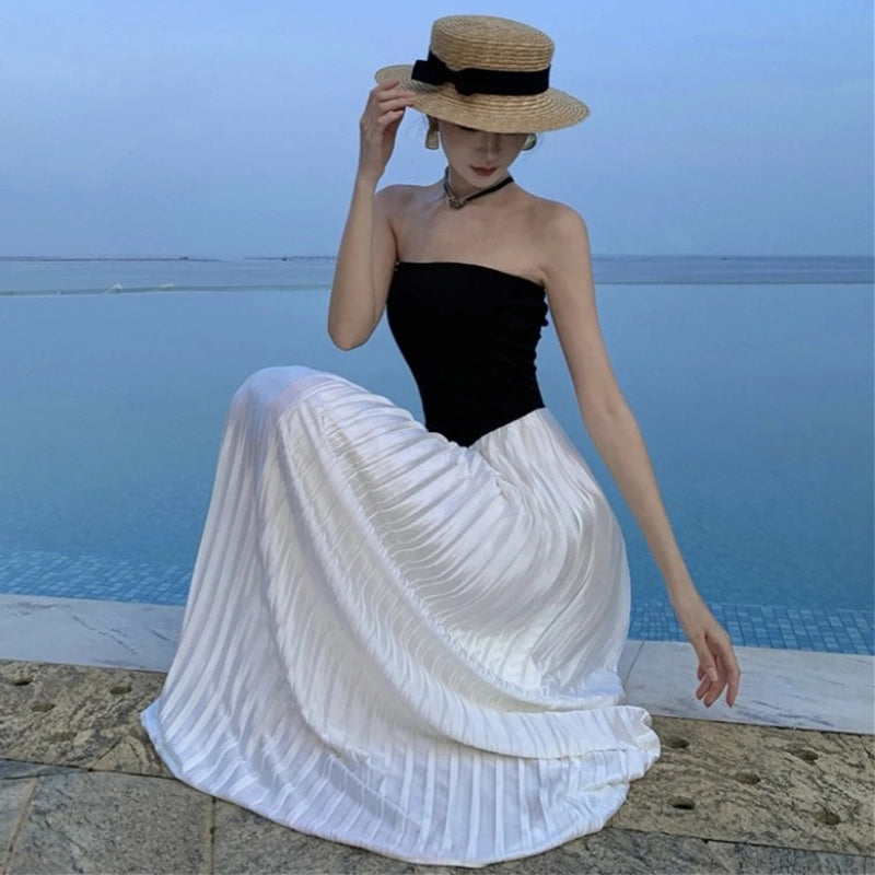 Gorgeous Two-tone Sleeveless Off Shoulder Pleated Maxi Dress – Boots N Bags  Heaven