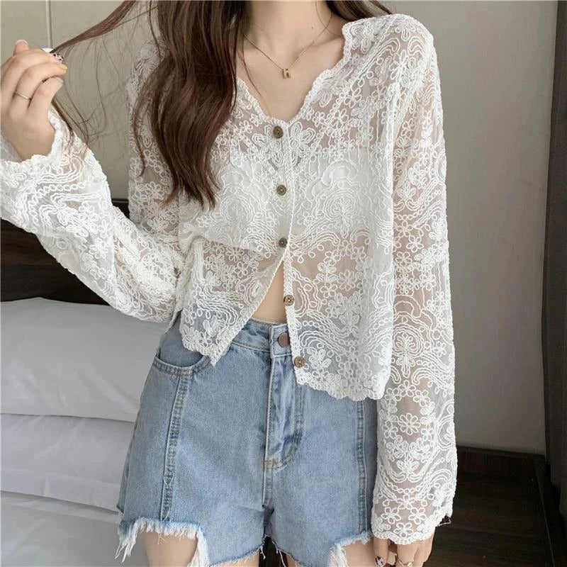 Stylishly Sheer Floral Detail Lace Cardigan – Boots N Bags