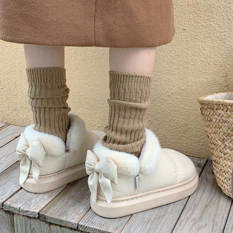 Winter Plush Short Ankle Snow Boots with Bow Knot Decor