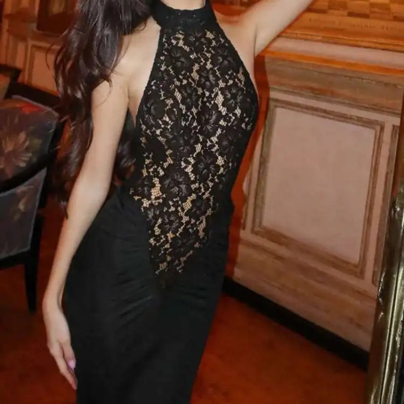 Women's Lace Maxi Dress with Halter Neck and Backless Style – Boots N Bags  Heaven