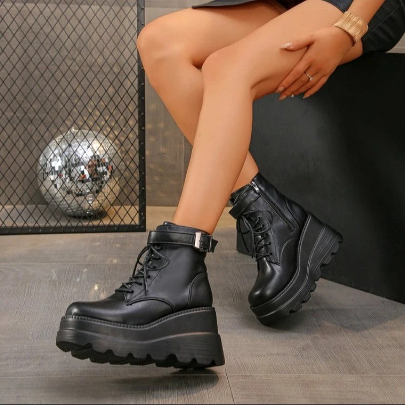 Platform Boot Bottom View Black Gothic-Inspired Thick Bottom Lace-Up Platform Boots for Women ...