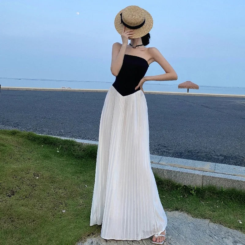 Gorgeous Two-tone Sleeveless Off Shoulder Pleated Maxi Dress  Boots N Bags  Heaven