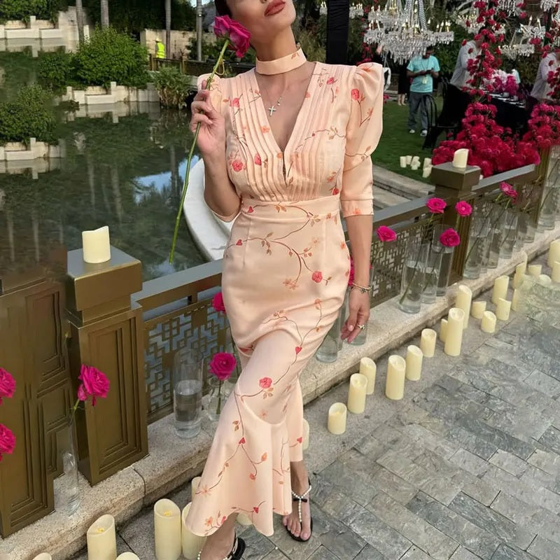 Vintage-inspired Elegant Flower Print Deep V-Neck Maxi Dress Boots N Bags Heaven Vintage-inspired Elegant Flower Print Deep V-Neck Maxi Dress Boots N Bags Heaven