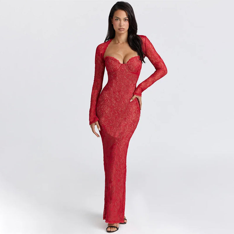 Classy Women's Lace Bodycon Floor-Length Evening Dress with Back Slit, Red / S