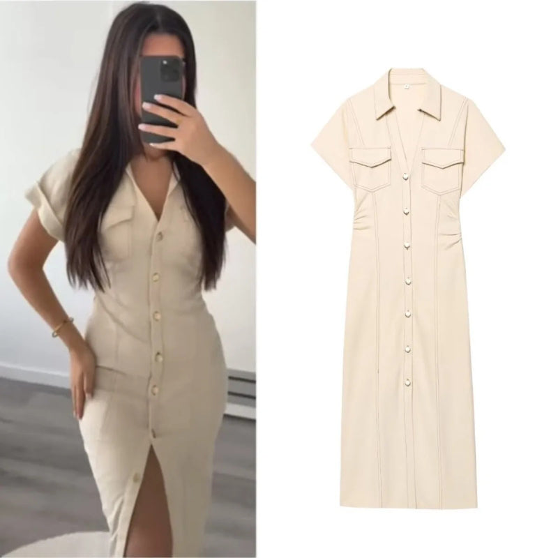 Women's Fitted Button-down Front Style Denim Midi Dress, Beige / M