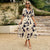 Casual Printed V-Neck Midi Dress with Puff Sleeves and Elastic Waist