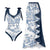 Multi-Style Blue Theme One-Piece Bikini Swimsuit with Matching Skirt