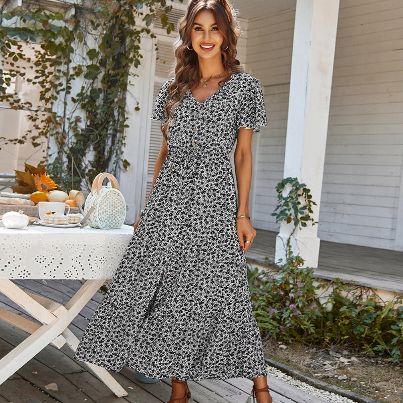 patterned summer dresses Vintage Style Flowing Floral Summer Dresses, Green / M