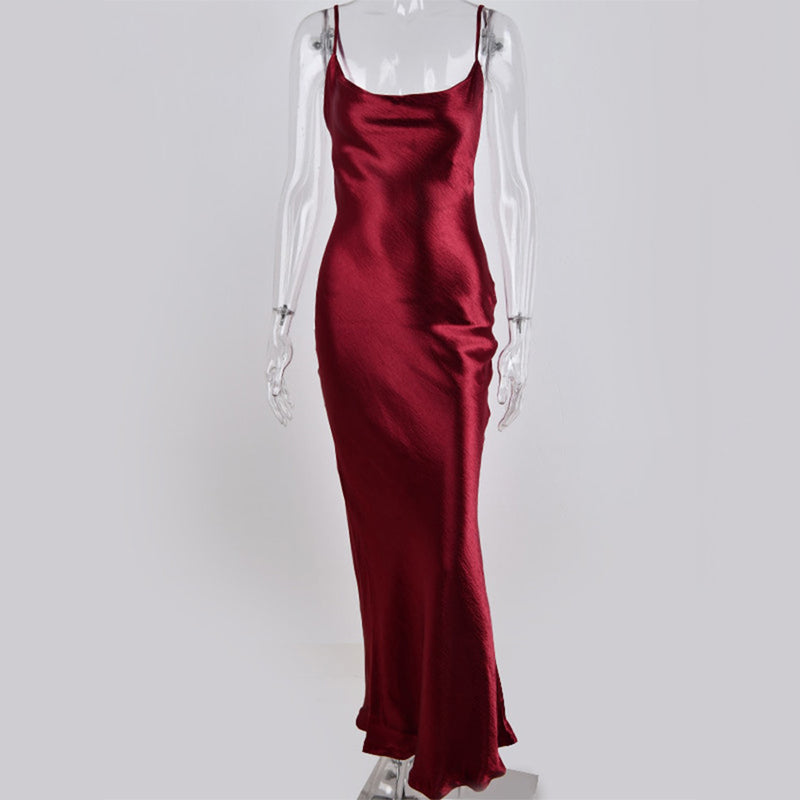 Women's Spaghetti Strap Backless Maxi Dresses, Wine Red / S