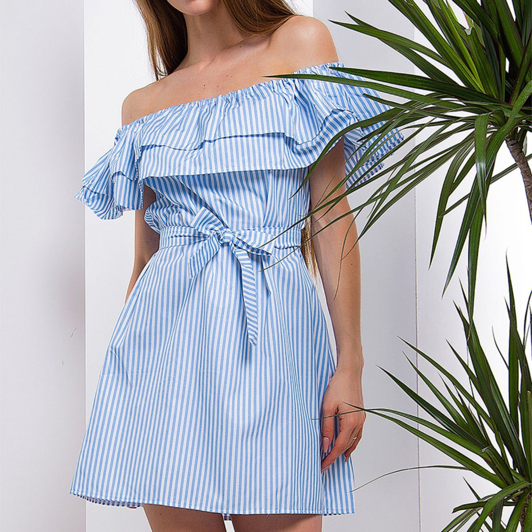 Aaliyah - Pretty Striped Ruffled Off-Shoulder Dress, Sky Blue / XL Aaliyah - Pretty Striped Ruffled Off-Shoulder Dress, Sky Blue / XL