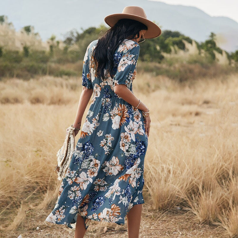 Beach Boho Floral Print with Tassel Split Front Maxi Dresses, Blue / M