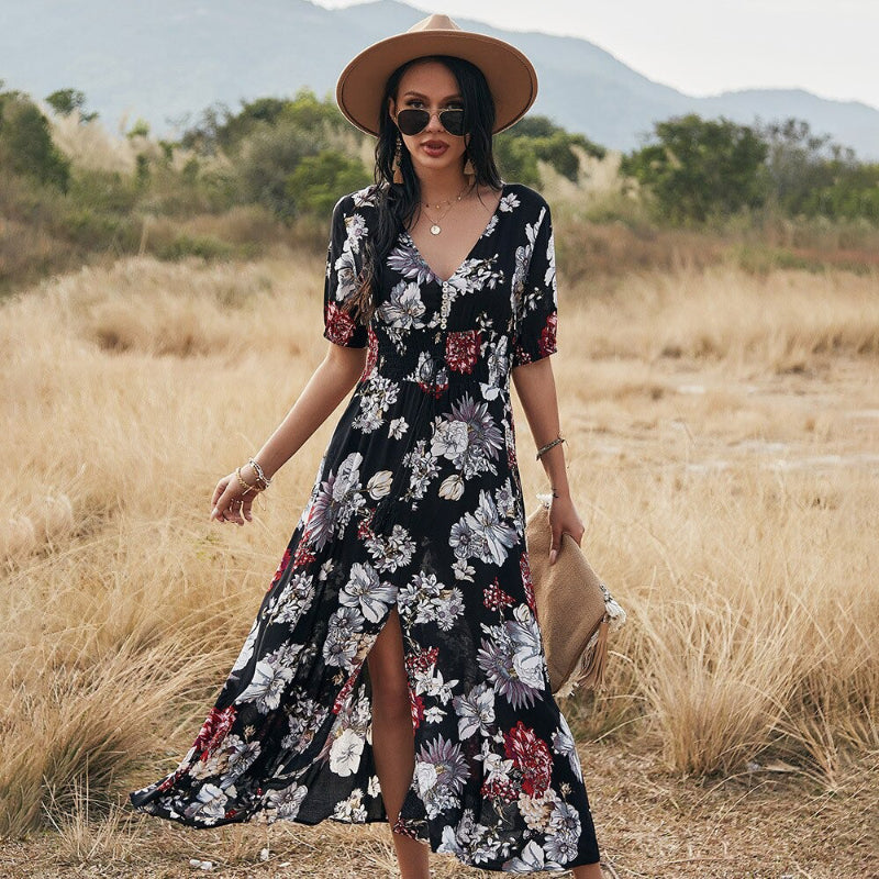 fitted lace wedding dress Beach Boho Floral Print with Tassel Split Front Maxi Dresses – Boots N Bags  Heaven