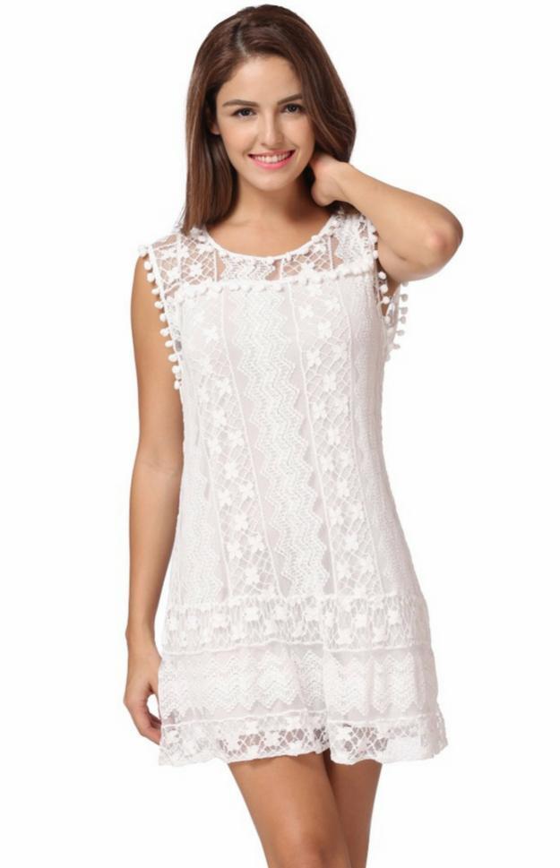 Daisy - White Lace Short Summer Beach Dress, L Daisy - White Lace Short Summer Beach Dress, L