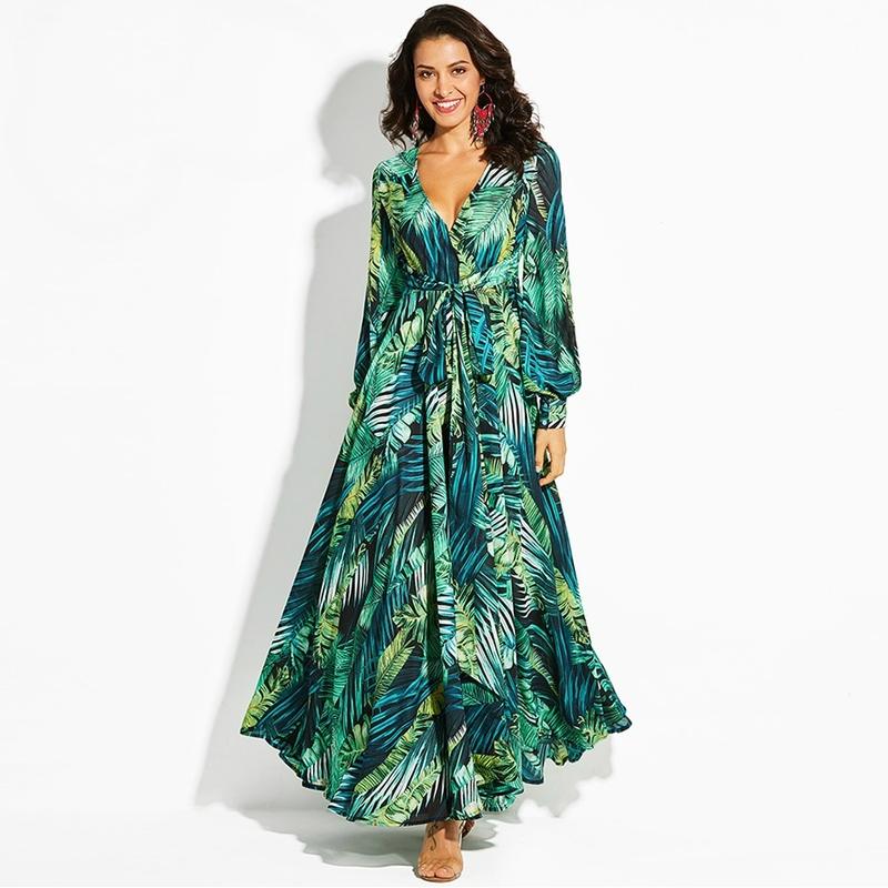 Flowing Tropical Summer V-Neck Maxi Dress, S Flowing Tropical Summer V-Neck Maxi Dress, S