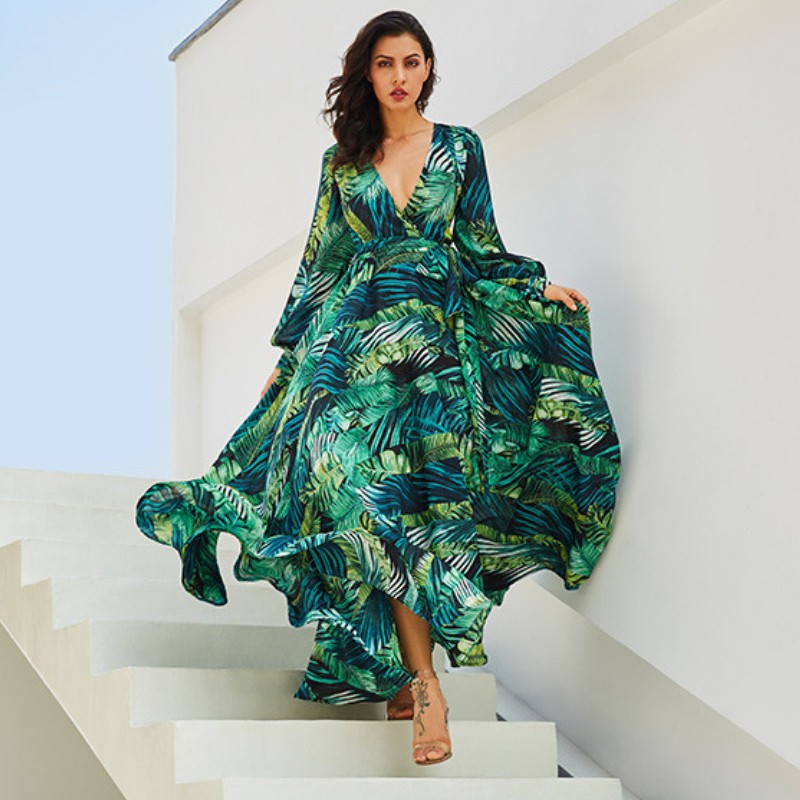 Flowing Tropical Summer V-Neck Maxi Dress – Boots N Bags Heaven