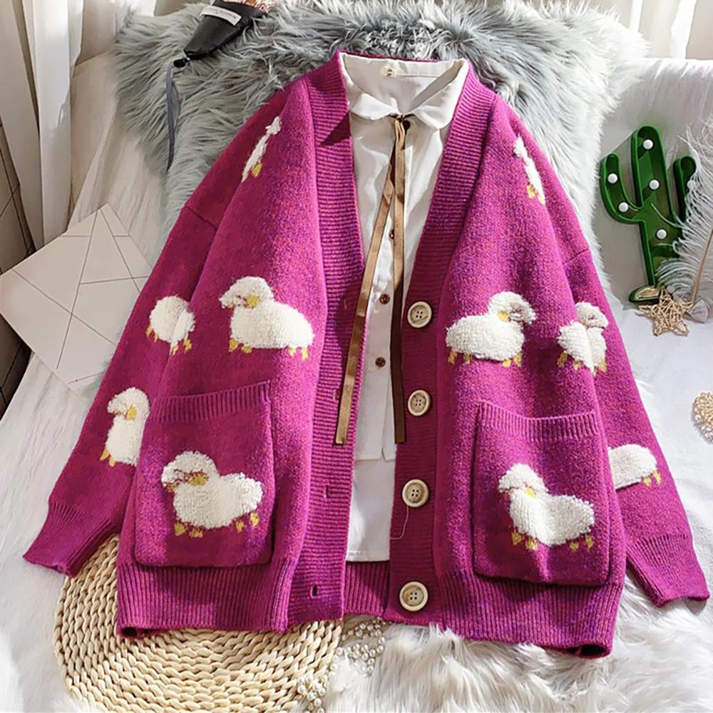 【新品】Lamb Wool Crew Neck Cardigan OVY / L Women Long Sleeve Knit Loose Cardigan Cartoon Sheep V-Neck Button