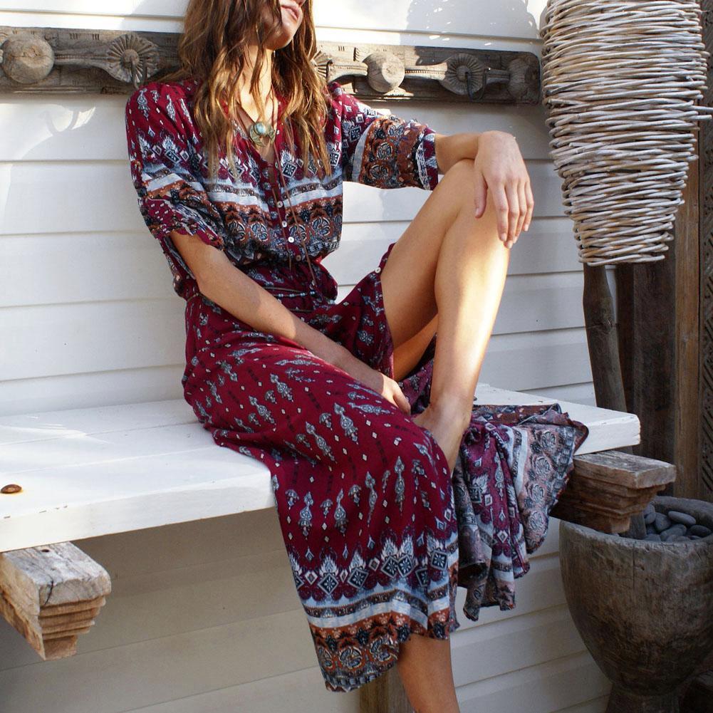 Iris - Bohemian Inspired Summer Long Dress, Maroon / 5XL