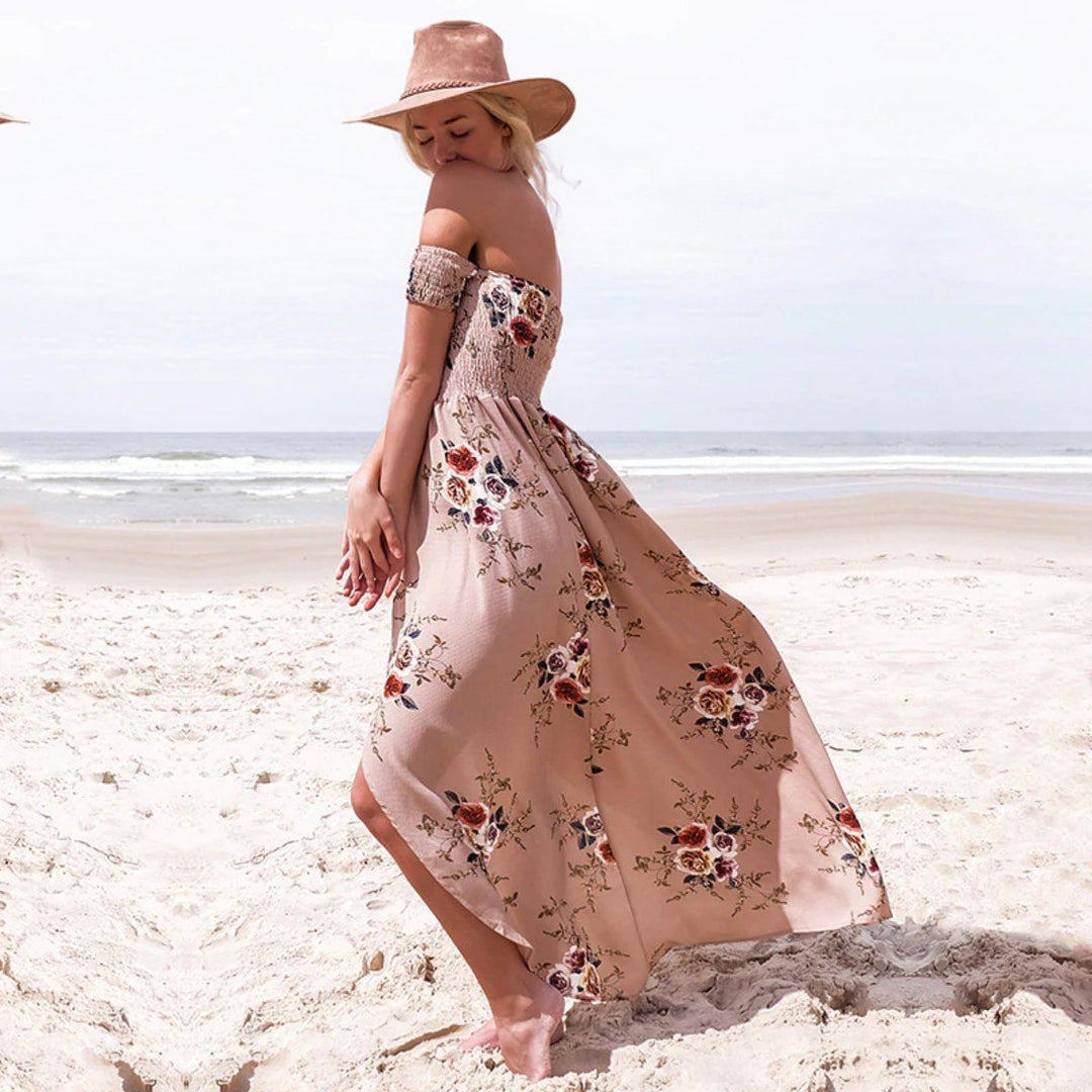 Lily - Off Shoulder Beach Floral Summer Dress, Beige / 2XL Lily - Off Shoulder Beach Floral Summer Dress, Beige / 2XL