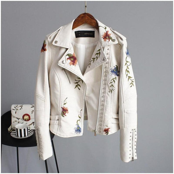 新品未使用　OHGA FLOWER JACKET　ホワイト Margaret - Japanese Style Flower Embroidered Faux Leather Jacket