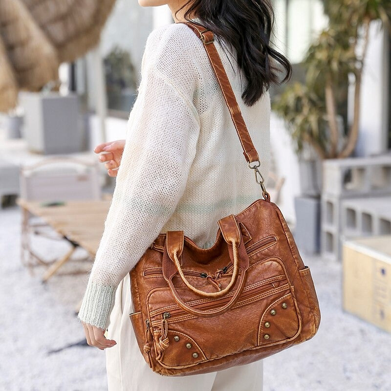 Oversized Soft Vegan Leather Multi-Pocket Vintage Shoulder