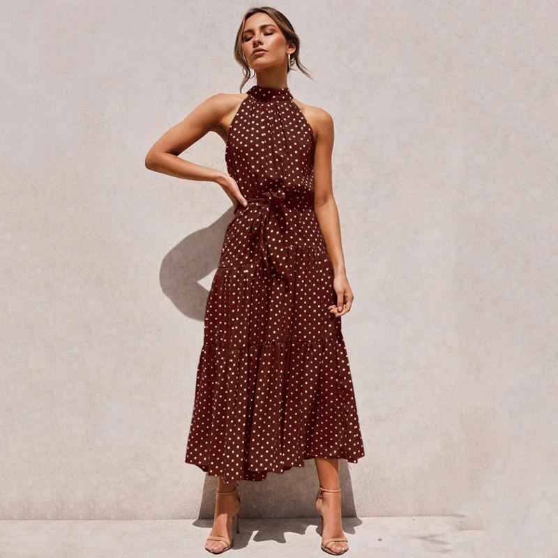 Pretty Halter Top Polka-dot Dress, Brown / XL Pretty Halter Top Polka-dot Dress, Brown / XL