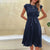 Women's Elegant Short Sleeve Pleated Midi Dresses with Belt