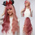 Splendid Colored Ombre Pink Wavy Hair Wigs with Bangs