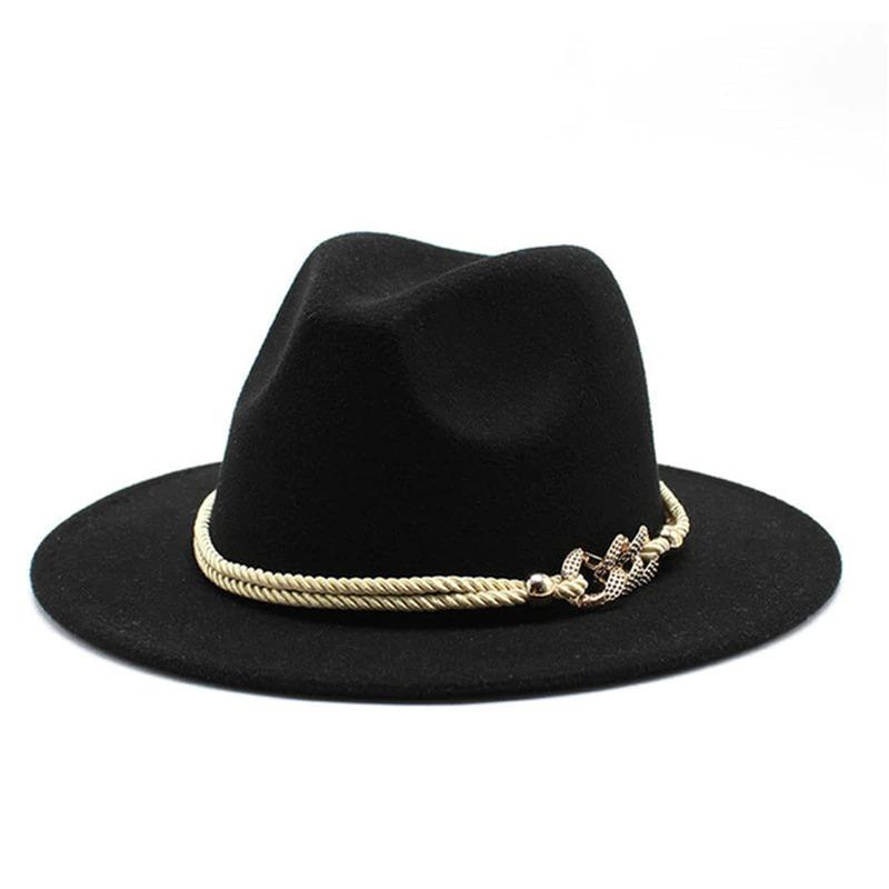 Chunky Chain Accent Faux Wool Felt Fedora Wide Brim Felt Fedora Hats With Rope Chain Belt – Boots N  main image 4