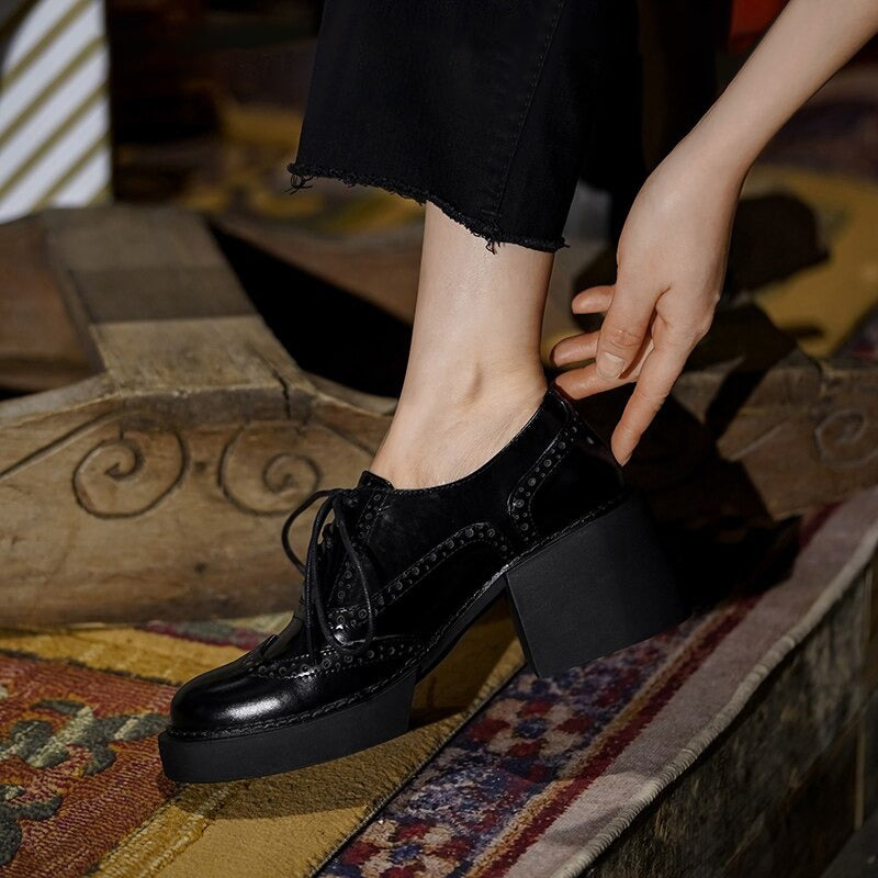 Brogue Shoes Womens Black Lace Up Shoes With Heel [Hot Item] Lady Brogue High Heels Pumps Leather Oxford Women Casual Shoes