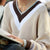 Women's Knitted Striped Pattern V-Neck Oversized Sweaters