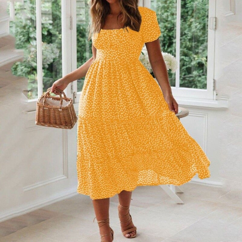 Summer Spring Floral Print Square Collar Maxi Dresses, Yellow / L