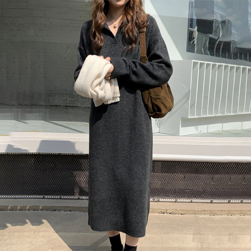 Knitted Thick and Warm Full Sleeve Loose Sweater Dresses, Dark Gray
