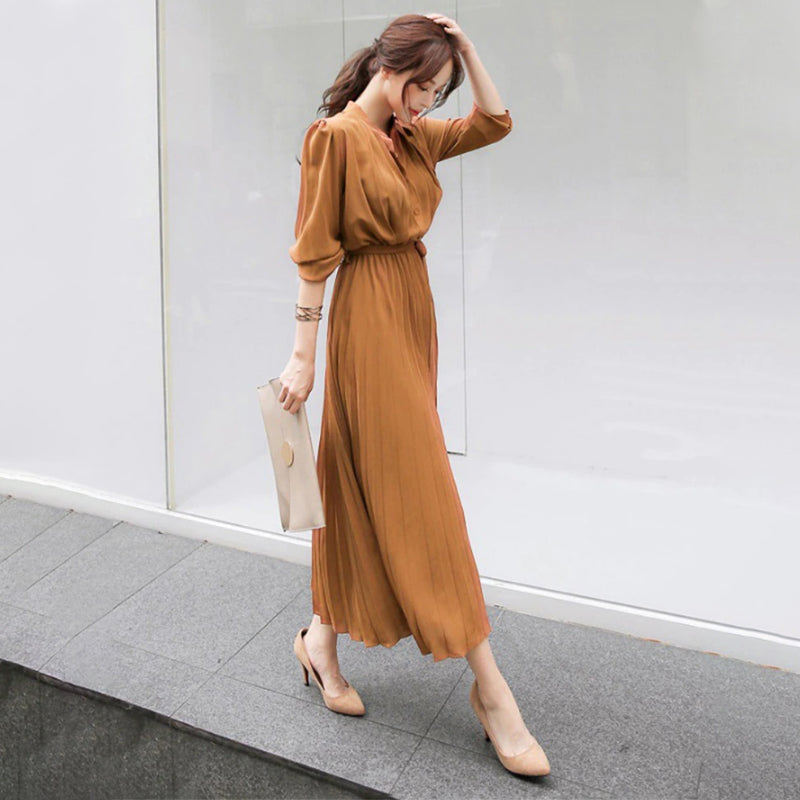 Elegant Chiffon Long Sleeve Lace-up Pleated Maxi Dresses Boots N Bags Heaven Elegant Chiffon Long Sleeve Lace-up Pleated Maxi Dresses Boots N Bags Heaven