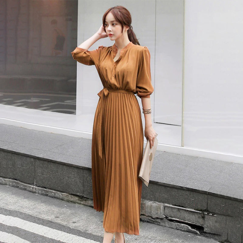 Elegant Chiffon Long Sleeve Lace-up Pleated Maxi Dresses  Boots N Bags  Heaven