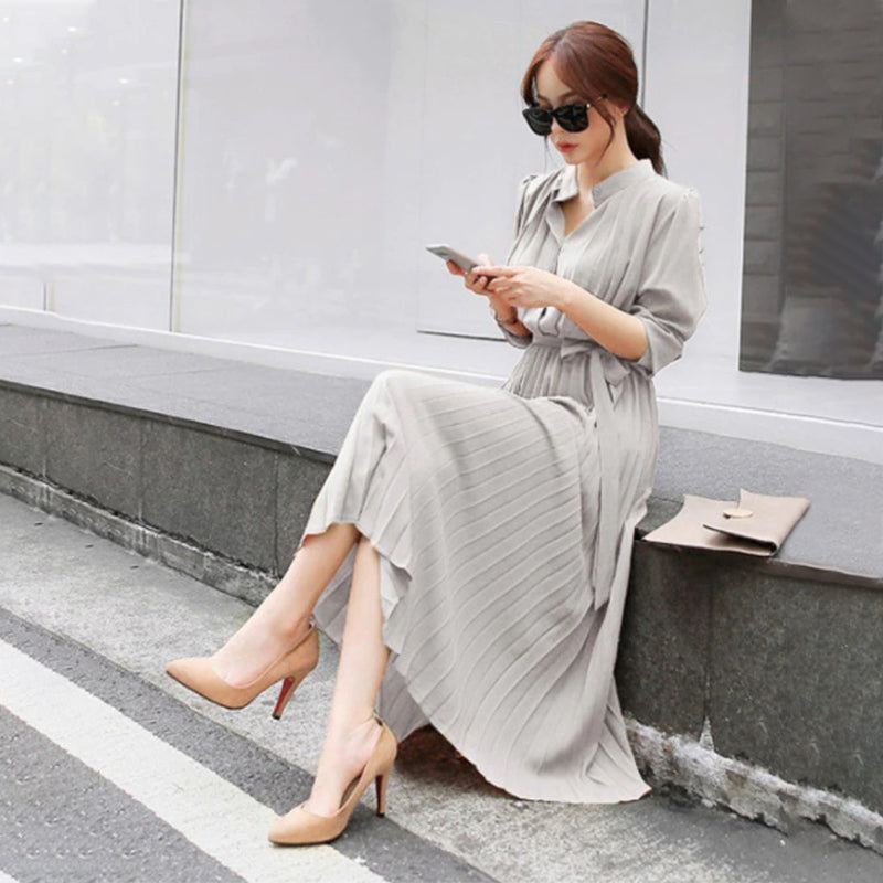 Elegant Chiffon Long Sleeve Lace-up Pleated Maxi Dresses  Boots N Bags  Heaven