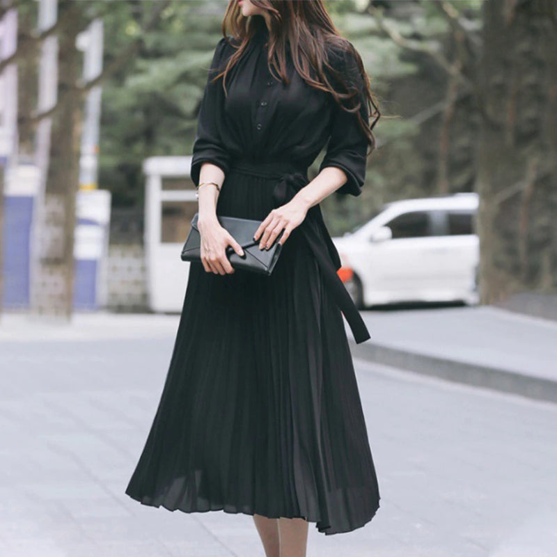 Elegant Chiffon Long Sleeve Lace-Up Pleated Maxi Dresses, Black / XL