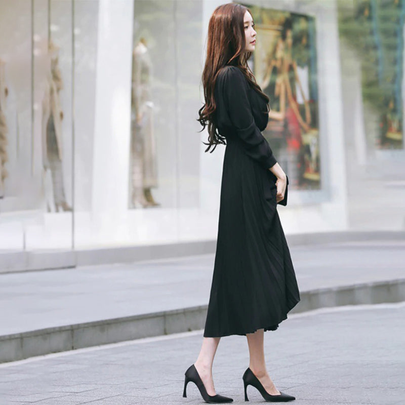 Elegant Chiffon Long Sleeve Lace-up Pleated Maxi Dresses – Boots N Bags  Heaven
